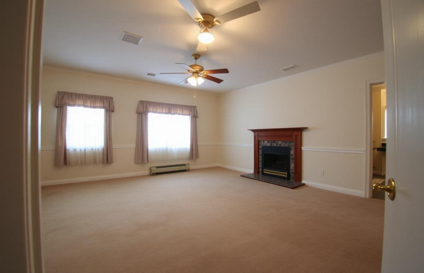 Living room before renovation with worn carpet